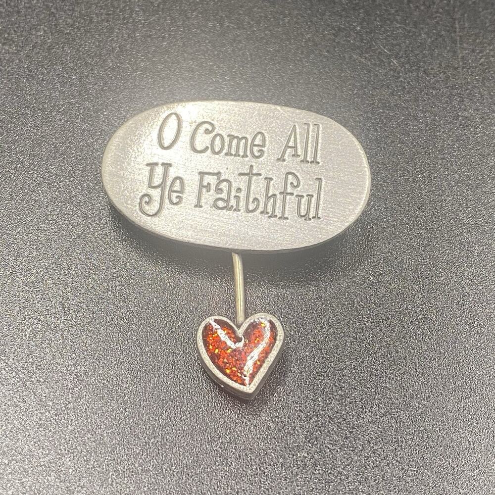 Camco Signed Come All Ye Faithful Brooch Sparkly Heart Religous Charm Christmas